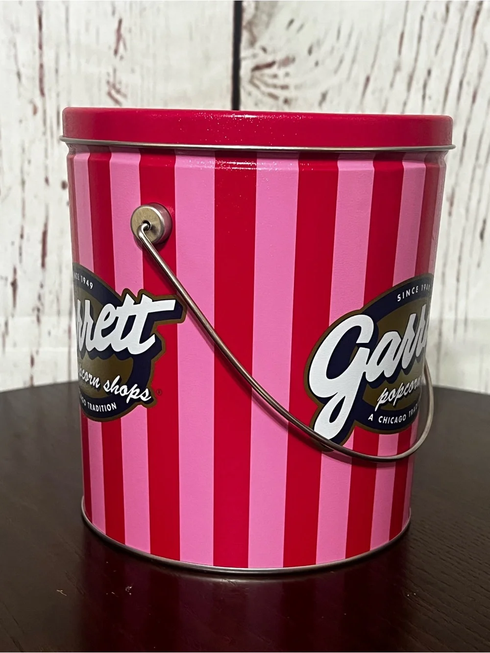 Garrett Popcorn Shops Pink & Red Striped Tin Bucket